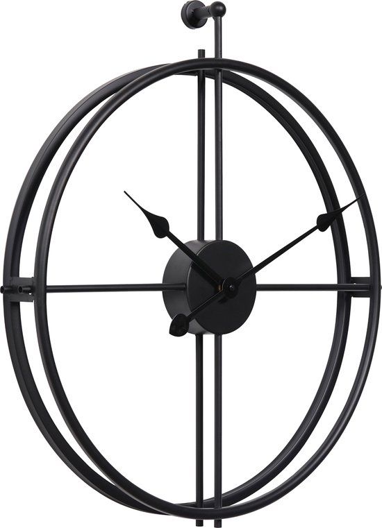 LW Collection Moderne Zwarte Wandklok - Rond 52cm - Zwart Metaal - Stil Uurwerk