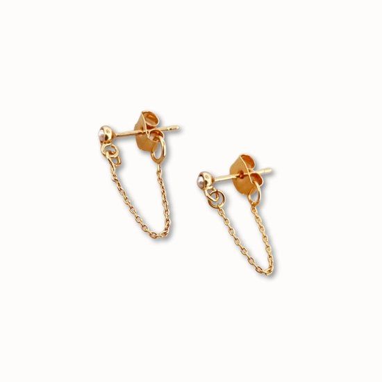 ByNouck Jewelry - Pearl Collection - Gold Plated Earpin Chain Earrings - 14k Gold - Women