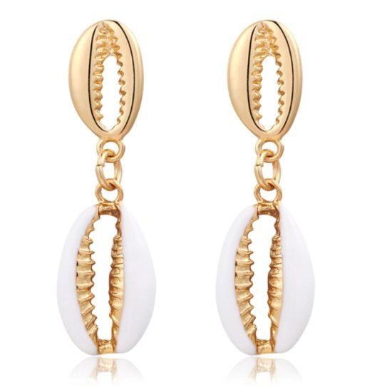 Deja Jewels Lookinggoodtoday Goudkleurige dames oorbellen hangers met dubbele witte schelpjes