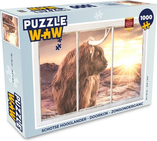 MuchoWow Puzzel Schotse hooglander - Doorkijk - Zonsondergang - Legpuzzel - Puzzel 1000 stukjes volwassenen