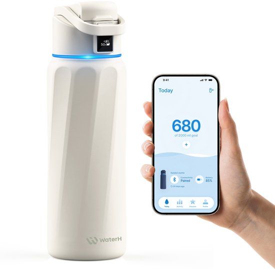 WaterH BOOST - Slimme Waterfles met Herinnering om Water te Drinken & Water Tracker Fles - Dubbelwandige stalen drinkfles - Wijde opening - 946ml - White