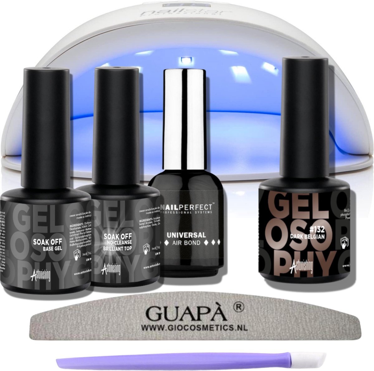 GUAPÀ Gellak Starterspakket | Gellak | Gellak Lamp | Gellak starterspakket met lamp | Complete Gellak Kit | Gelpolish Kit | Gellak Donker Bruin