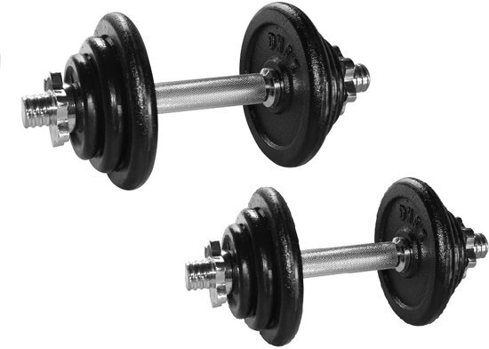 RS Sports Dumbellset â€“ Halterset gietijzer â€“ Totaal 20 kg â€“ 2 stuks â€“ zwart / zilver