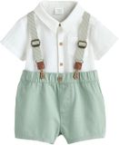 Next - Jongens - 3-delige babyset met shirt, body, korte broek en bretels - Groen