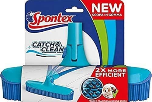 Spontex Catch&Clean bezem van rubber voor binnen, handvat niet inbegrepen, wasbaar, vangt vuil en haren, lichtblauw