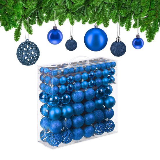 Relaxdays kerstballen - set van 150 - mat - glanzend - glitters - plastic - ∅ 3, 4, 6 cm - blauw