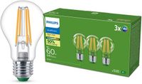 Philips LED Philips UltraEfficient LED lamp Transparant - 60W - E27 fitting - Warmwit licht; 2700K - Energielabel A - 3-pack