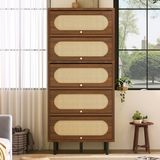 STILVORA Opbergkast - Walnootlook Met Rotan Kleppen - 5 Vakken Voor Woonkamer Keuken En Hal - Hout En Metaal - 80x40x163 Cm
