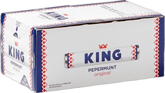 King Pepermunt snoep doos - Verfrisser mint smaak - Showdoos voordeelverpakking met 36 rollen &#224; 44 g - Pepermuntjes