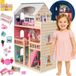 Mamabrum Houten Poppenhuis XXL - Incl. Meubels en accessoires - LED verlichting - 90 cm hoog