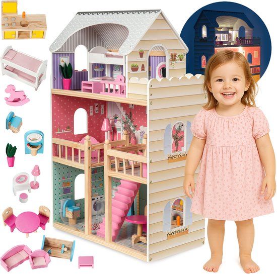 Mamabrum Houten Poppenhuis XXL - Incl. Meubels en accessoires - LED verlichting - 90 cm hoog
