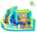 FBSPORT Springkasteel met ventilator, waterspeelcentrum met droog-/waterglijbaan, kinderbadje, klimwand, spring- en basketbalmand, groot springkasteel voor binnen en buiten, geschikt voor maximaal 4
