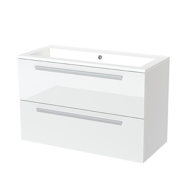 Maxaro Badkamermeubel 100cm Modulo Hoogglans Wit 2 Lades Vlak Wastafel Mineraalmarmer