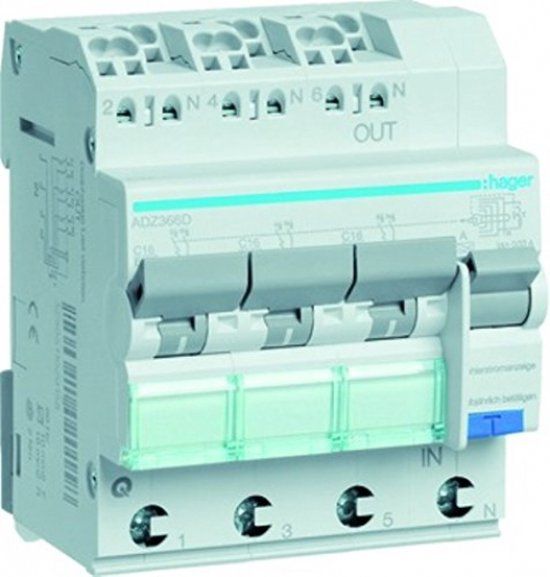Hager Polo Wyłącznik różnicowonadprądowy 3x1P+N C 16A 0,03A Typ A 6kA RCBO (ADZ366D)