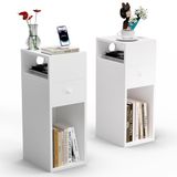 VOUNOT Nachtkastje Set van 2, Smalle Bijzettafel met 2 Open Vakken & 1 Lade, Moderne Nachtkast voor Slaapkamer en Woonkamer, 25x30x66cm, Wit