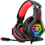 Ozeino Gaming Headset voor PC, PS4, PS5, Xbox-headset, gaming-hoofdtelefoon met ruisonderdrukking, flexibele microfoon geheugen oorbeschermers RGB-licht voor telefoon, schakelaar, Mac-rood