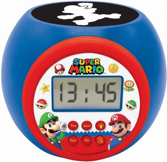 Lexibook Projector Wekker Nintendo Super Mario & Luigi - Alarm met snooze, Nachtlampje met timer, LCD-scherm, Werkt op batterijen, Blauw / Rood, RL977NI