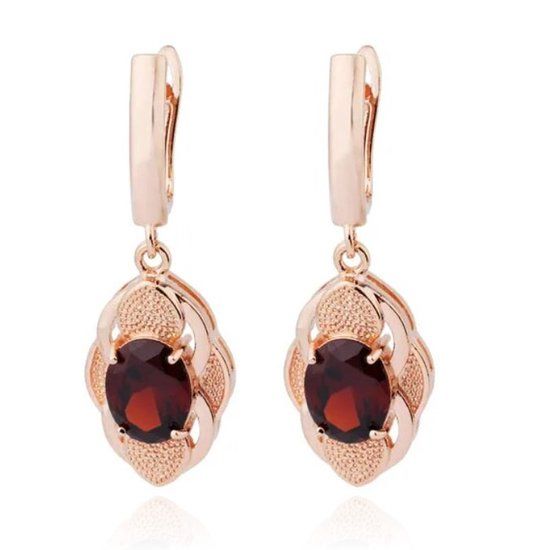 Deja Jewels Oorbellen met Ovale Hangers - Dames, Rosegoudkleurige Afwerking, Rode Glassteen