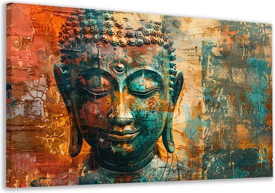 Merkloos / Sans marque Canvas schilderij Boeddha - 60x40 cm - Modern - Oranje/Blauw/Groen/Goud/Bruin
