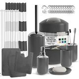 Clara Clark Grijze badkamer accessoires set compleet met badkamer tapijten set en douchegordijn set, 12-delige badkamer sets met tapijten en accessoires, douchegordijn met voering en haken, badmat set