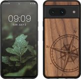 kwmobile telefoonhoesje geschikt voor Google Pixel 8 - Houten hoesje met bumper - Donkerbruin Vintage Kompas design