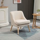 Fauteuil design scandinave pour salon, chaise lounge confortable en tissu lin beige, piètement bois massif, idéal chambre à coucher, assise douce