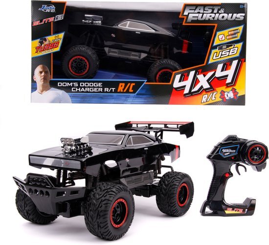 Jada Toys Fast & Furious RC-auto, 1970 Dodge, 4x4 wielaandrijving, afstandsbediening auto, turbofunctie, 2-kanaals afstandsbediening, USB-oplaadfunctie, incl. batterijen, 1:12, zwart