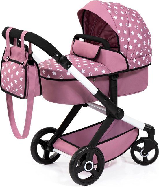 Xeo Bayer Design Combi Poppenwagen XEO - Roze met Witte Stippen - Meerdere functies