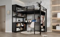 Lit superposé Lit multifonctionnel 140 x 200 cm Bureau Espace de rangement Armoire intégrée Métal et panneau de particules Noir