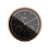 Mebus TinyTime radiogestuurde wandklok met thermometer en hygrometer | Tikt niet | 25 cm | Zwarte wijzerplaat | Koperkleurige kast | 1978