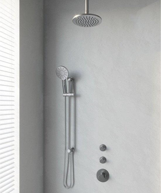 Brauer Regendoucheset Inbouw Plafond Brauer 20cm Rond Geborsteld Nikkel PVD 3 Greeps Thermostaatkraan Glijstang en Handdouche