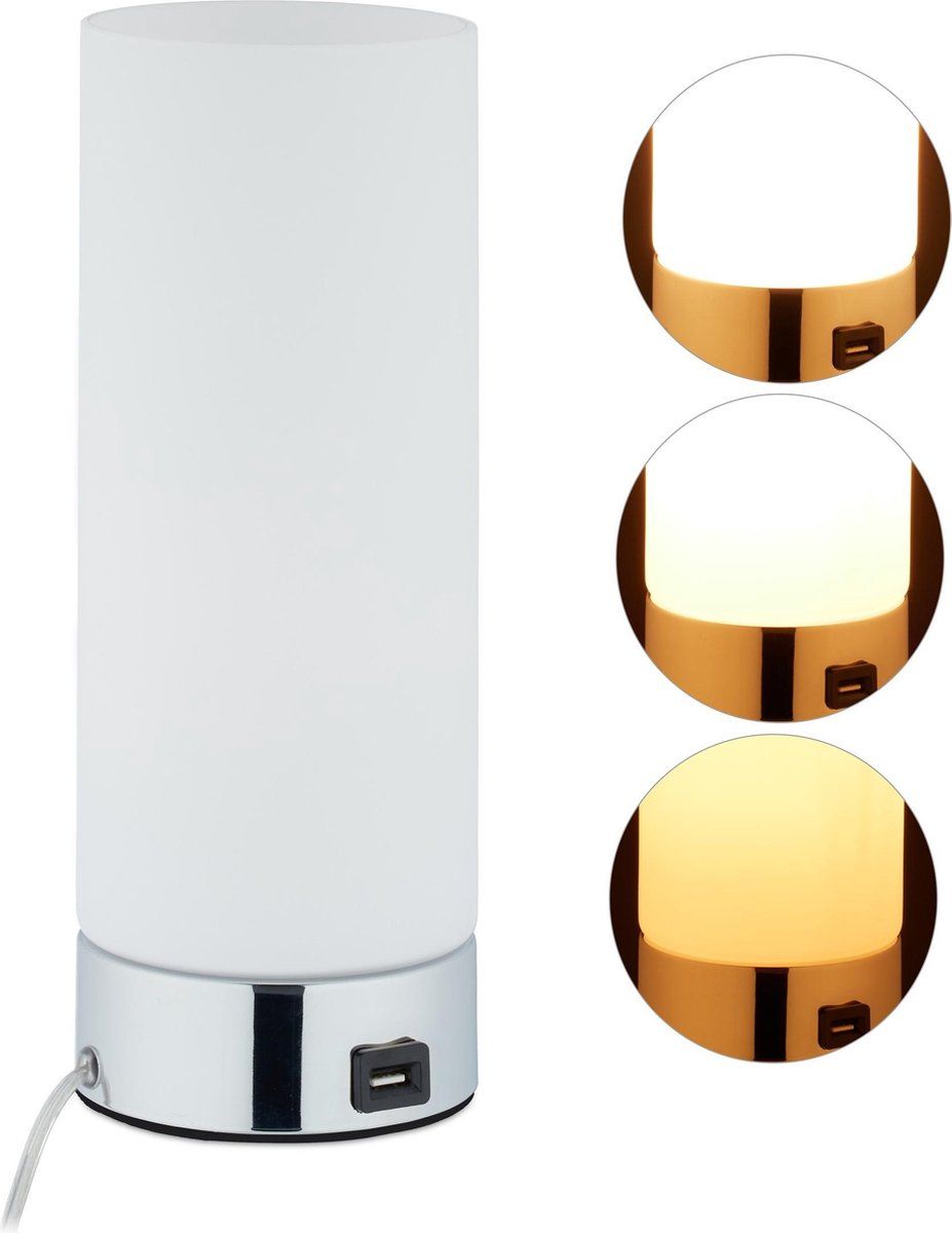 Relaxdays Tafellamp - Dimbare Nachtlamp met Touchfunctie en USB - Wit/Zilver