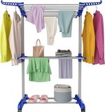 Merkloos Droogrek met wieltjes, multifunctioneel droogrek met 3 verdiepingen, tower, inklapbaar, klein wasrek, ruimtebesparend met vleugels, wastoren voor binnen en buiten (blauw en grijs)