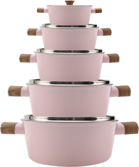 Royal® 10-Delige Pannenset - Roestvrijstaal - Roze - Met Glazen Deksel