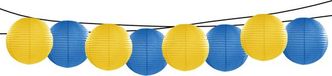 Merkloos Feest/tuin versiering 8x stuks luxe bol-vorm lampionnen blauw en geel dia 35 cm