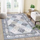 Auton Boho tapijten, wasbare tapijten voor woonkamer, antislip dunne sprei, tapijt voor eetkamertafel, tapijt met bloemenprint in used look voor slaapkamer, keuken, kantoor, blauw, 120 x 170 cm