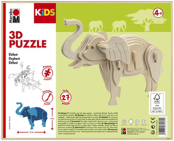 Marabu Elephant - 3D Puzzel - Hout - Unisex - Vanaf 4 Jaar