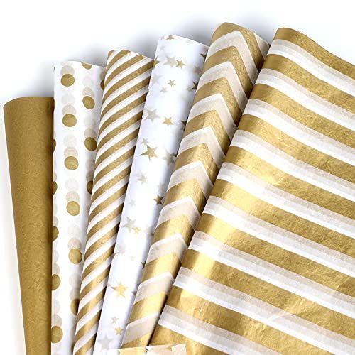 SAVITA 60 vellen 35x45cm Goud Wit Metallic Tissue Paper Cadeaupapier, Metallic Gift Wrapping Tissuepapier voor Kerstmis Bruiloften Verjaardagsfeestje Douches DIY Arts Crafts (6 stijlen)