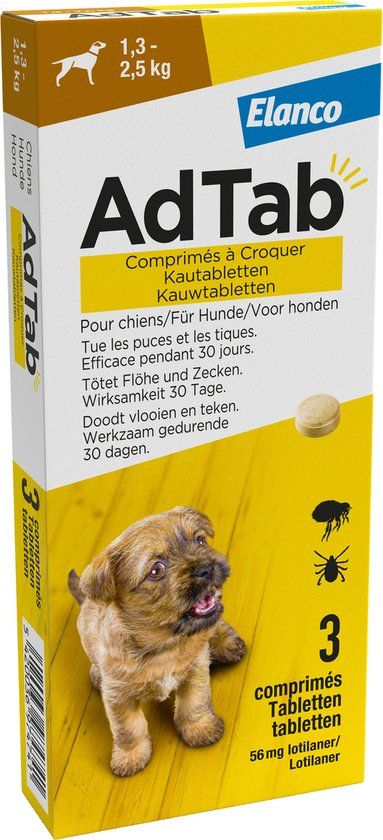 Elanco Adtab Anti-Vlooien en Teken Kauwtabletten - Hond - 1,3 - 2,5 kg - 3 Tabletten