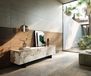 Meuble TV Cuor 180 cm Céramique Minas Melange Blanc-beige 1 Clapet 2 Tiroirs Pied optique flottant Métal Noir