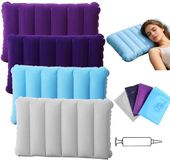 Unyqoos® Set van 4 opblaasbare reiskussens, 47x30 cm, gemaakt van bekleed PVC, inclusief handpomp en ventiel, ergonomisch bruikbaar als hoofdkussen, zitkussen en lendensteun – donkerpaars/paars/hemelsblauw/grijs