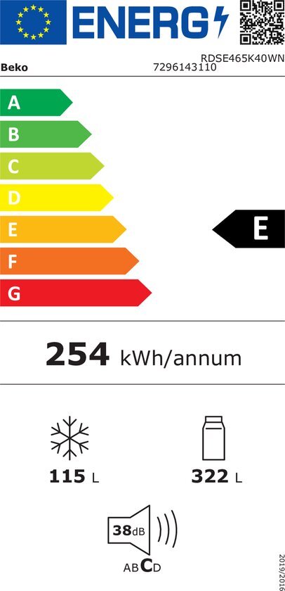 Beko Beko RDSE465K40WN koel-vriescombinatie Vrijstaand 437 l E Wit