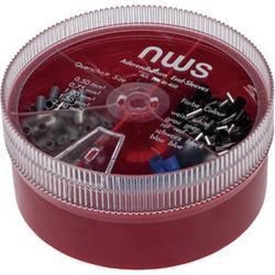 NWS 144-BI-400 Assortiment adereindhulzen 0.5 mm², 0.75 mm², 1 mm², 1.5 mm², 2.5 mm² Deels geïsoleerd Blauw, Grijs, Zwart, Wit, Rood 400 stuk(s) Box