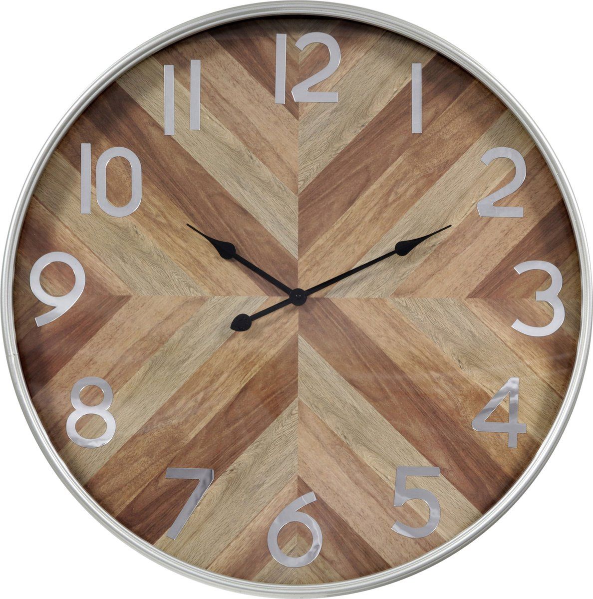 LW collection wandklok zilver hout met glas 60cm - Grote moderne houten zilverkleurige glazen muurklok - Houten klok stil uurwerk - Wandklok hout glas