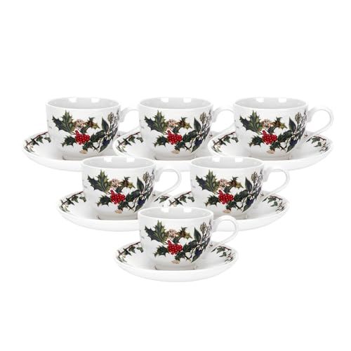 Portmeirion Home & Gifts De Holly & Ivy Theekop en Schotel, keramiek, meerkleurig, set van 6