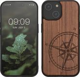kwmobile telefoonhoesje geschikt voor iPhone 15 - Hoesje met bumper - hout - In donkerbruin Vintage Kompas design