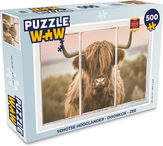 MuchoWow Puzzel Schotse hooglander - Doorkijk - Zee - Legpuzzel - Puzzel 500 stukjes