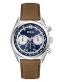 Guess Dawson GW0972G1 Herenhorloge met datumweergave, bruine leren armband, mineraal glas, blauwe wijzerplaat, 5 bar, diameter behuizing: 44 mm
