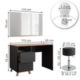 Vicco Kaptafel set met kruk Karen, Antraciet/Artisanaal eiken, 110 cm met spiegel, LED-lichtslinger en kruk