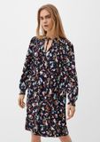s.Oliver Viscose jurk met lange mouwen, V-hals, gebloemd patroon en gesmokte details - Navy - Maat 38
